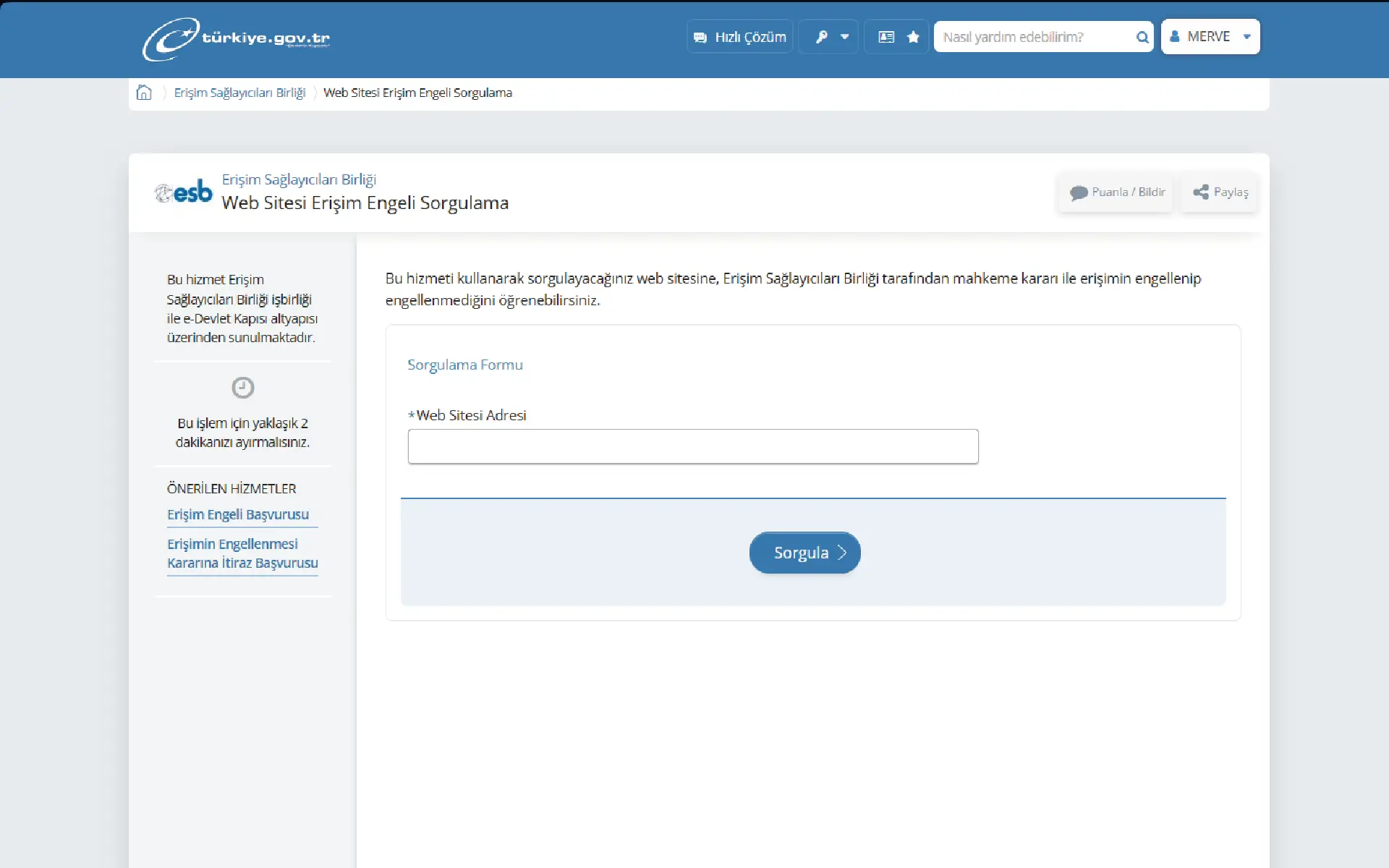 E-Devlet Üzerinden Web Sitesi Erişim Engeli Sorgulama